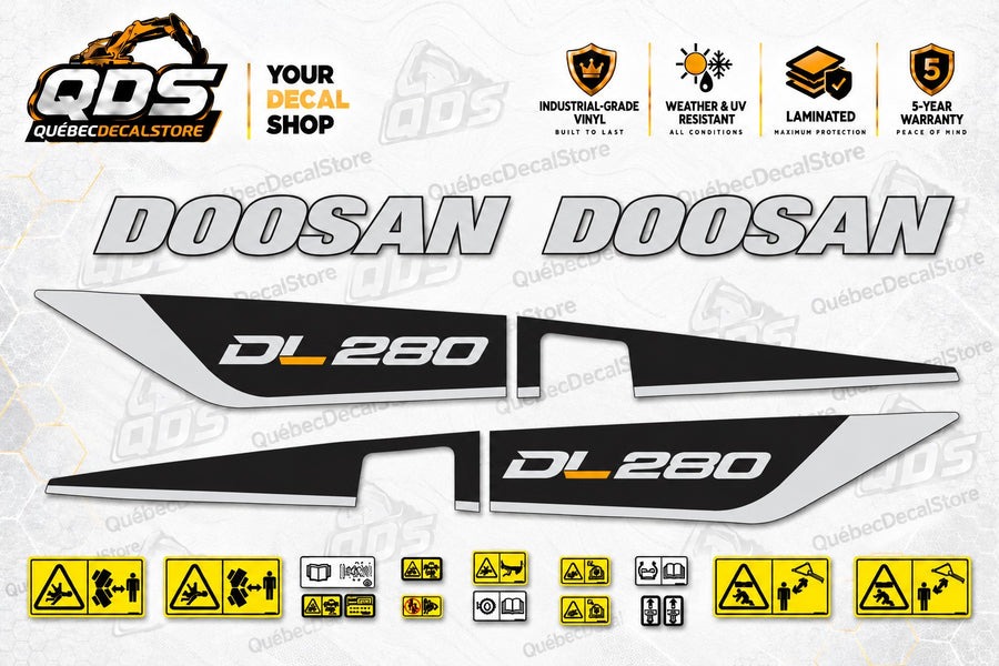 Doosan DL280 wheel loader decal kit with two black and silver side graphics, gold model accents, DOOSAN lettering and yellow safety labels on the QuébecDecalStore background