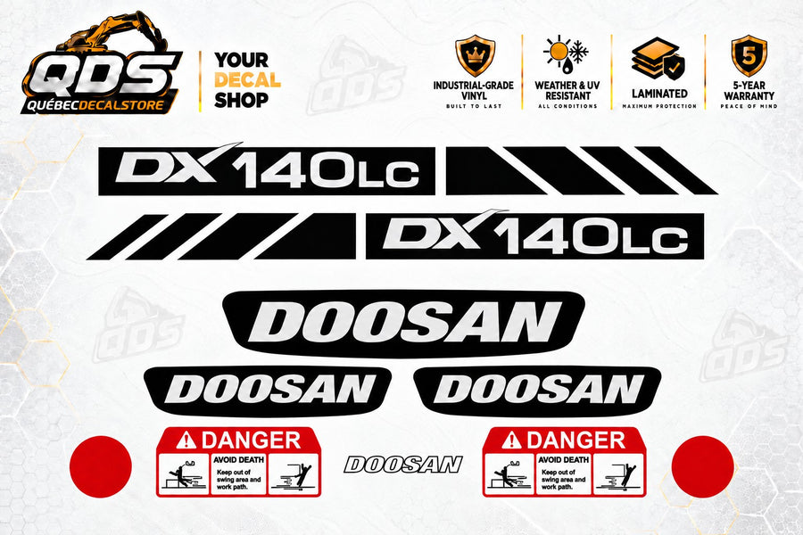 Doosan DX140LC crawler excavator decal kit with two black and silver model stripe layouts, DOOSAN logos, two red and white DANGER labels and two round red reflectors