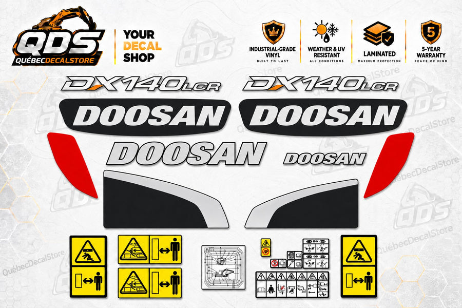 Doosan DX140LCR crawler excavator replacement decal kit with silver model graphics, black DOOSAN badges, outlined logos, black and silver trim, red reflectors and safety labels