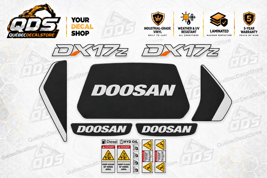 Doosan DX17z mini excavator decal kit with model lettering, black and silver body panels, Diesel and HYD OIL labels and warning decals on the QDS background