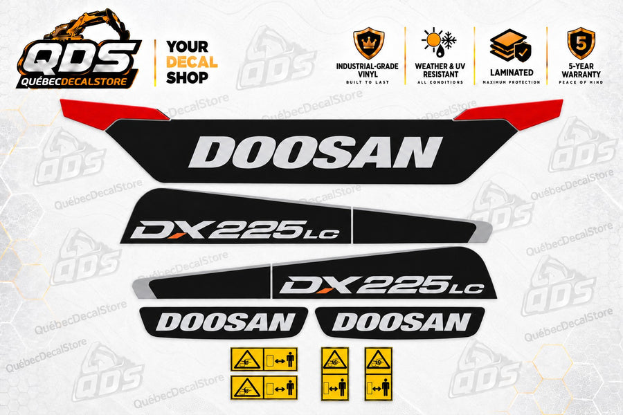 Doosan DX225LC excavator decal kit with two black and silver side graphic assemblies, black DOOSAN rear panel, red corner decals and four yellow warning labels on the QDS background
