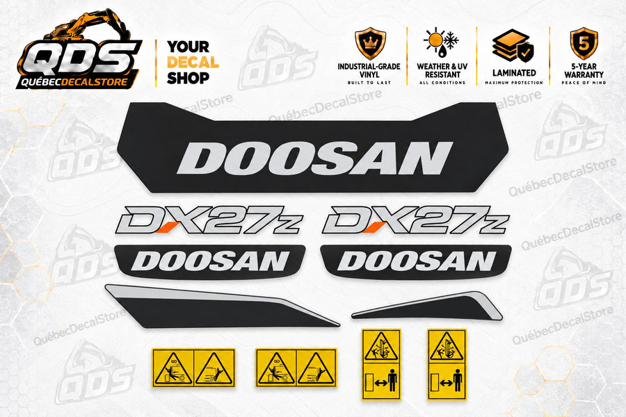 Doosan DX27z mini excavator decal kit with black and silver body graphics, orange model accents and yellow warning labels on the QuébecDecalStore background