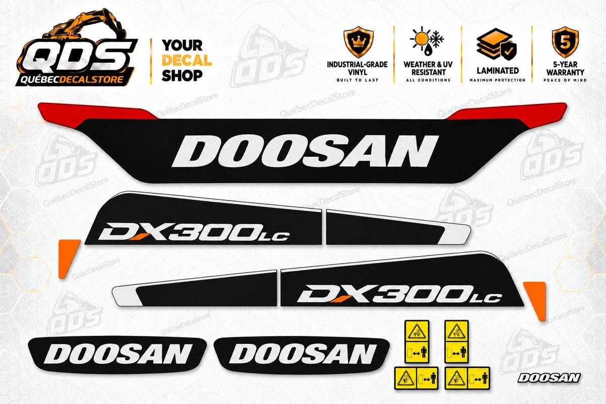 Doosan DX300LC excavator decal kit with black and white body graphics, orange and red accents and four yellow hazard labels
