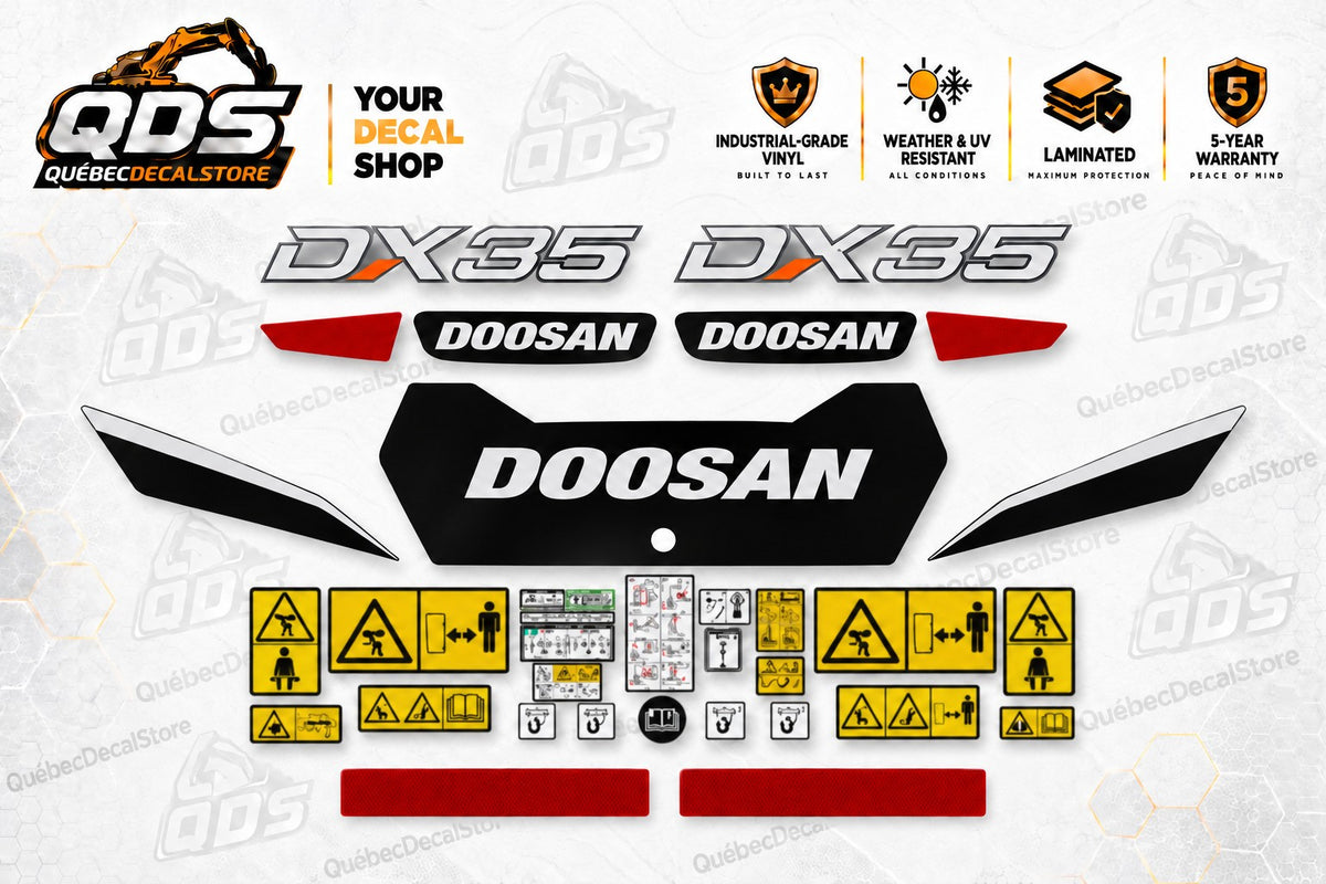 Kit adesivi per miniescavatore Doosan DX35 – Loghi e grafiche di sicurezza