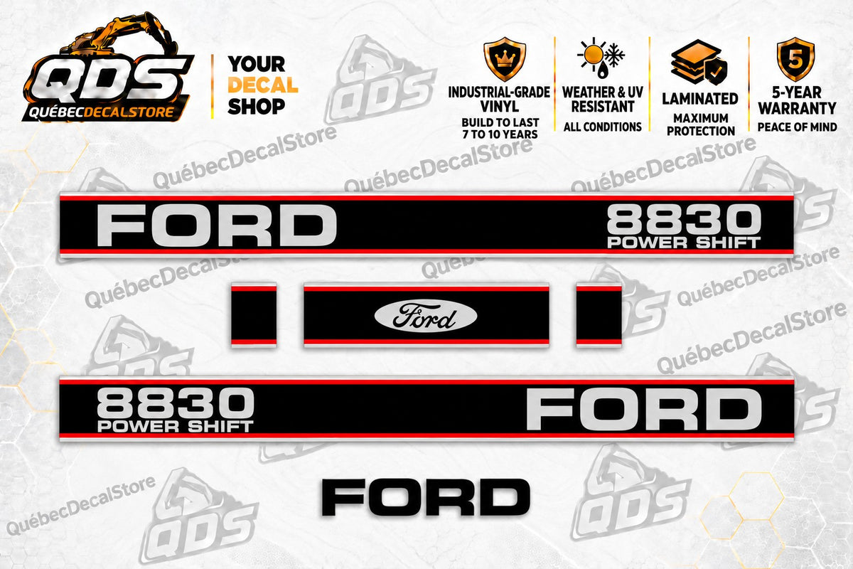 Ford 8830 Power Shift tractor decal kit with two black and red side stripes, silver lettering, Ford oval panel and front Ford wordmark