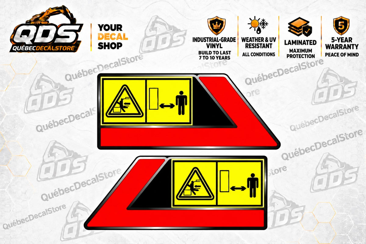 Pair of mirrored red and black excavator swing warning decals with yellow crush-hazard and clearance pictograms