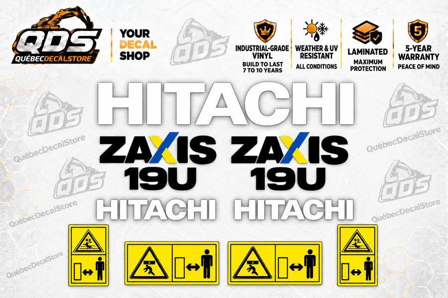Hitachi ZAXIS 19U mini excavator aftermarket decal kit with three white Hitachi logos, two black 19U labels and four yellow safety decals