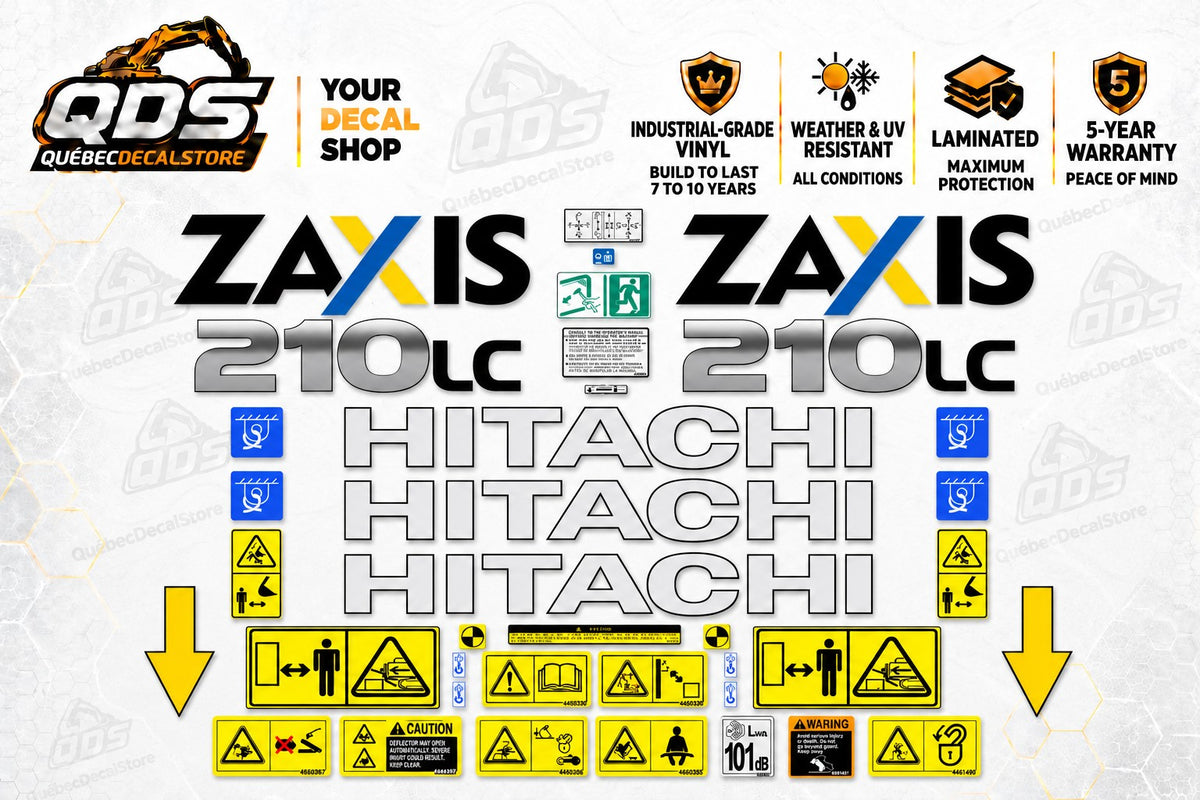 Zestaw naklejek Hitachi ZAXIS 210LC z oznaczeniami bezpieczeństwa