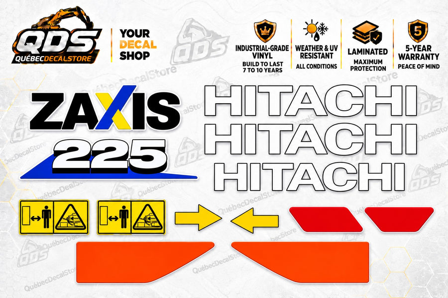 Hitachi ZAXIS 225 replacement decal kit with blue panel, white lettering and pictured warning decals