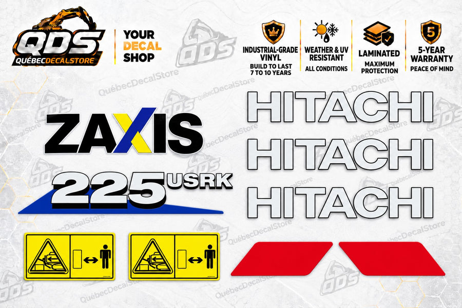 Hitachi ZAXIS 225USRK aftermarket excavator decal kit with blue graphic, white HITACHI lettering and hazard labels