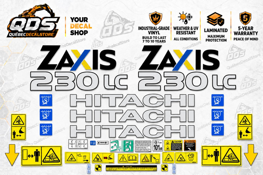 Hitachi ZAXIS 230LC aftermarket excavator decal kit with white outlined lettering, blue lifting labels and the illustrated warning and control decals