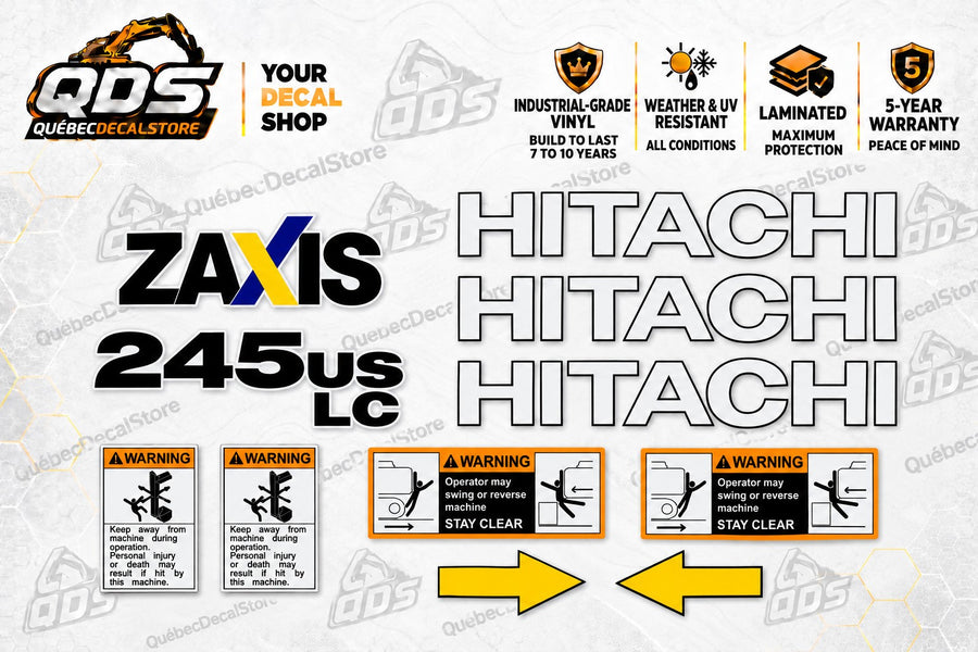 Hitachi ZAXIS 245USLC black model lettering decal kit with white HITACHI lettering and four warning decals