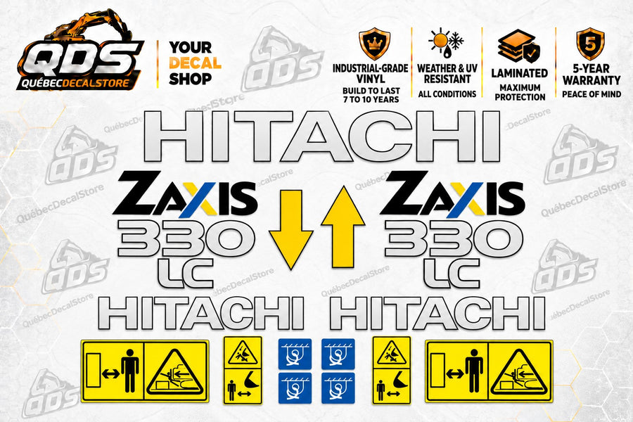 Hitachi ZAXIS 330LC aftermarket excavator decal kit with white outlined logos, yellow arrows, four blue lifting decals and yellow safety labels