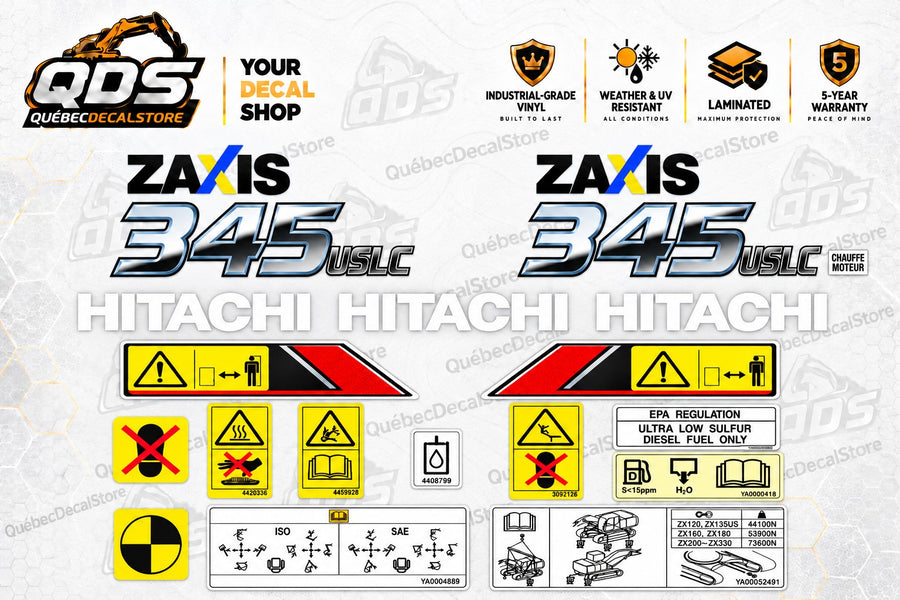 Hitachi ZAXIS 345USLC replacement decal kit in Original Hitachi colors with silver model graphics, white Hitachi logos and safety decals by QuébecDecalStore