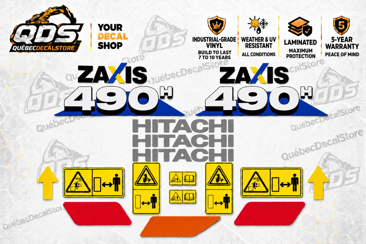Hitachi ZAXIS 490H replacement decal kit with grey HITACHI lettering, two blue model graphics and safety decals