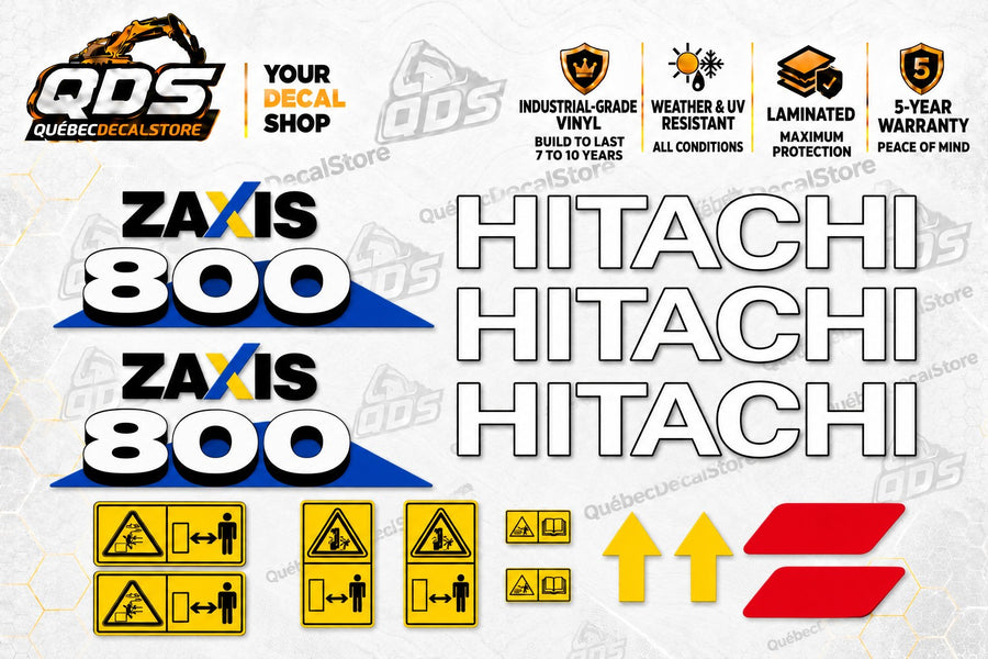 Hitachi ZAXIS 800 aftermarket excavator decal kit with white lettering, blue model graphics and illustrated safety labels