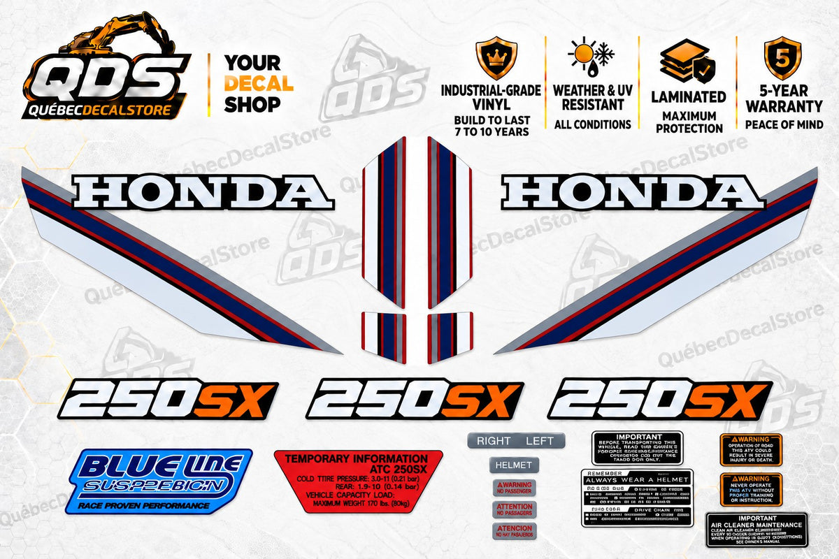 Honda ATC250SX 1985 style decal kit in silver, navy and red, with three 250SX emblems and Blue Line Suspension graphic