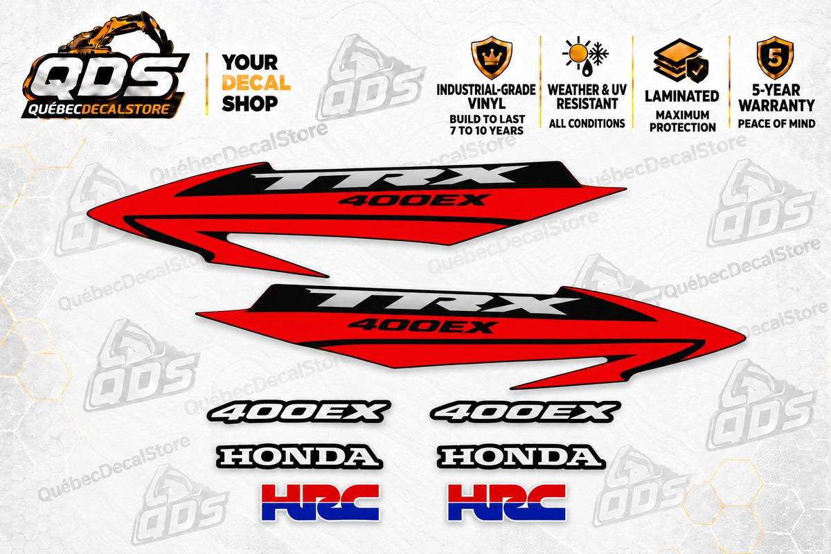 Honda TRX400EX red and black 8-piece decal kit with 2 side graphics, 2 small 400EX decals, Honda and HRC logos