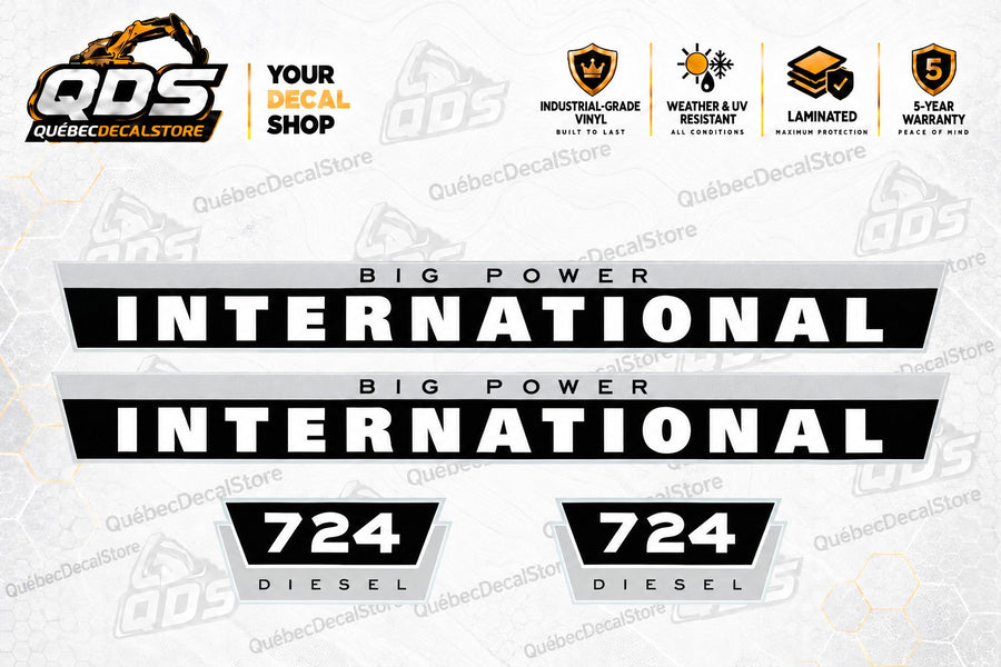 International 724 Diesel tractor decal kit with two BIG POWER INTERNATIONAL side strips and two 724 DIESEL badges in black, white and silver on the QuébecDecalStore background.