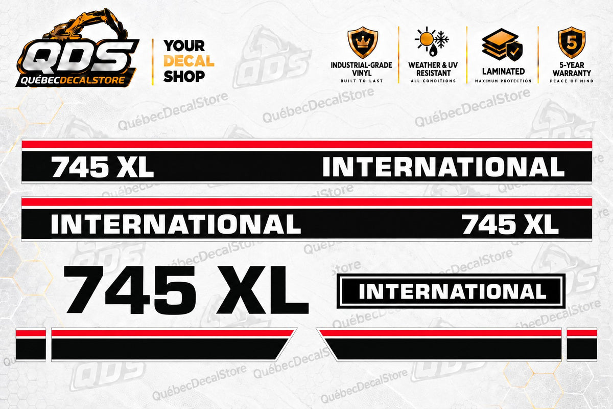 International 745 XL tractor replacement decal kit with two long side strips, separate 745 XL lettering, an INTERNATIONAL badge and four lower trim pieces in black, white and red.