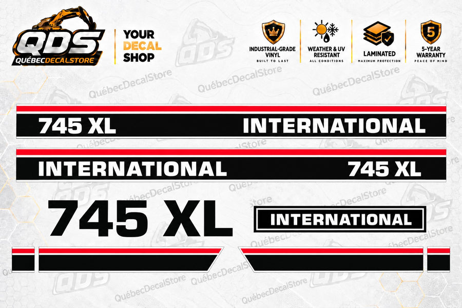 International 745 XL tractor replacement decal kit with two long side strips, separate 745 XL lettering, an INTERNATIONAL badge and four lower trim pieces in black, white and red.