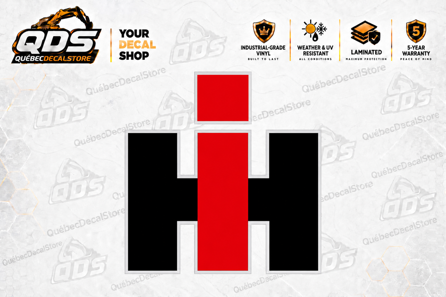 International Harvester IH logo decal in red and black on the QuébecDecalStore background, available in 20 widths from 3 to 30 inches