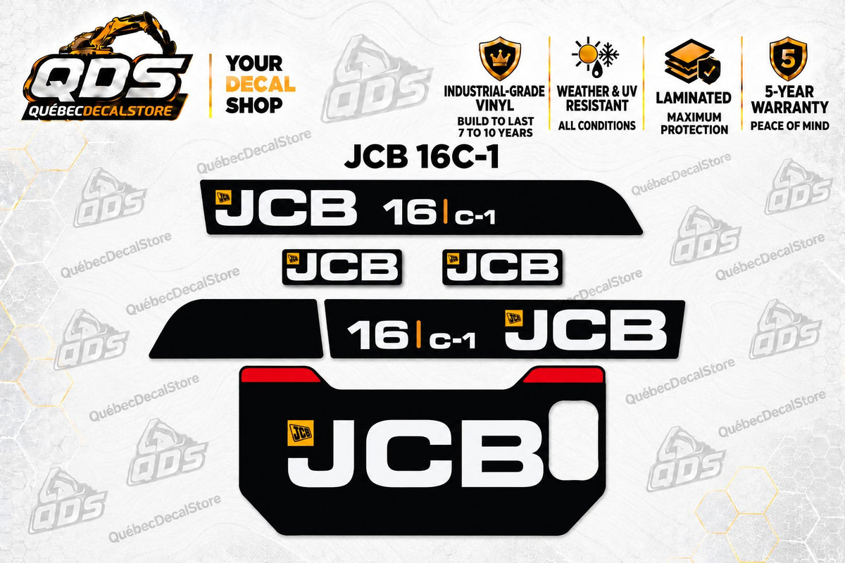 JCB 16C-1 replacement decal kit for mini excavator – Graphics Only – Rear Panel Cutout – QuébecDecalStore