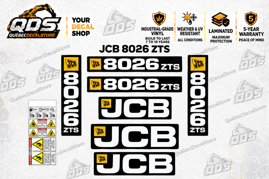 JCB 8026 ZTS replacement lettering decal kit, model and JCB graphics with pictured label sheet – QuébecDecalStore