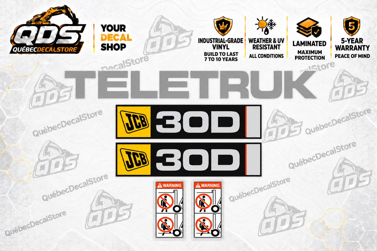 JCB Teletruk 30D forklift replacement decal kit with two black and yellow JCB 30D side graphics, grey Teletruk lettering and two warning labels