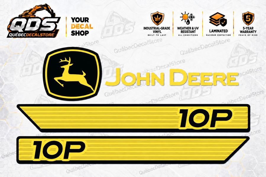 John Deere 10P utility cart replacement decal kit with two yellow and black 10P side stripes, yellow John Deere lettering and a black and yellow deer logo by QuébecDecalStore