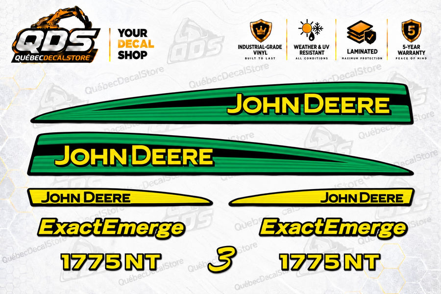 John Deere 1775NT ExactEmerge planter replacement decal kit with two green John Deere stripes, two yellow stripes, ExactEmerge and 1775NT labels and a number 3 decal by QuébecDecalStore