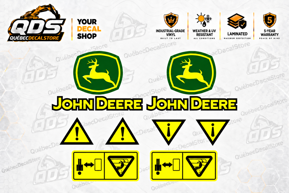 Zestaw naklejek bezpieczeństwa John Deere 4000–8000 – Logotypy i ostrzeżenia