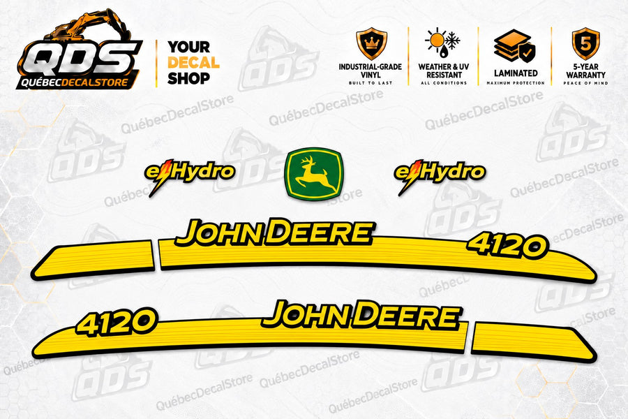 John Deere 4120 eHydro tractor replacement decal kit with two yellow side stripes, two end extensions, two eHydro decals and a green deer logo by QuébecDecalStore