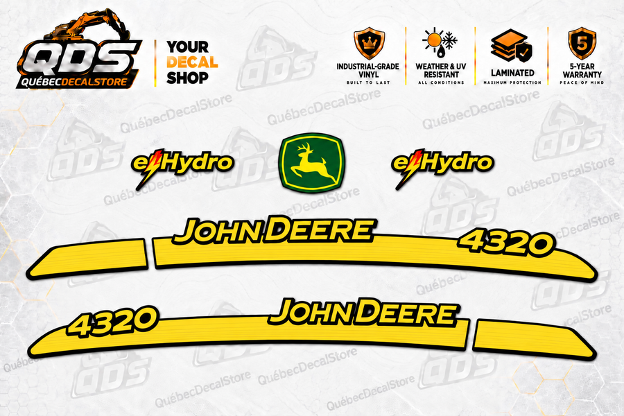 John Deere 4320 eHydro tractor replacement decal kit with two yellow side stripes, two end extensions, two eHydro decals and a green deer logo by QuébecDecalStore