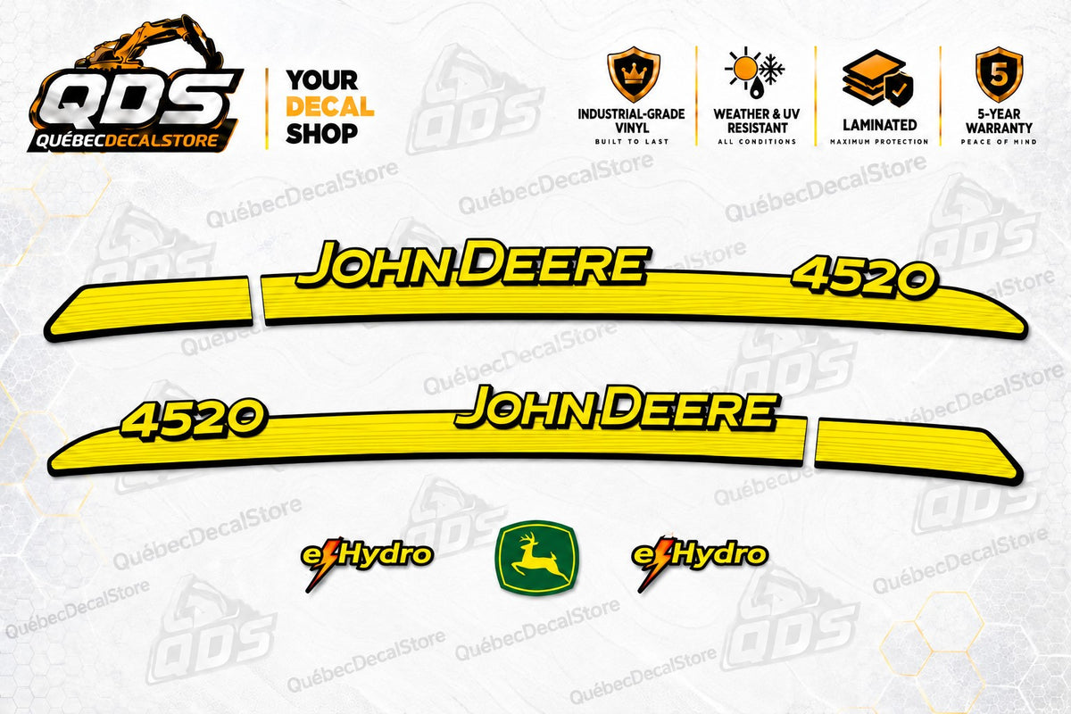 John Deere 4520 eHydro tractor replacement decal kit with two yellow John Deere and 4520 side stripes, two end extensions, two eHydro decals and a green deer logo by QuébecDecalStore