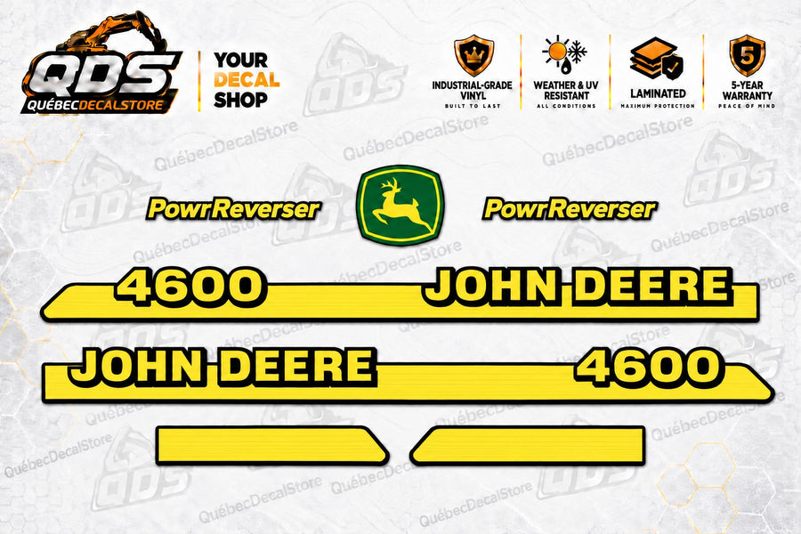 John Deere 4600 PowrReverser tractor replacement decal kit with two yellow side stripes, two end extensions, two PowrReverser decals and a green deer logo by QuébecDecalStore