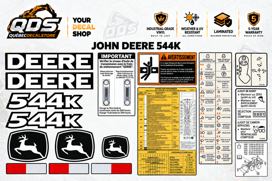 John Deere 544K wiellader stickerset – Logo's en machine-etiketten