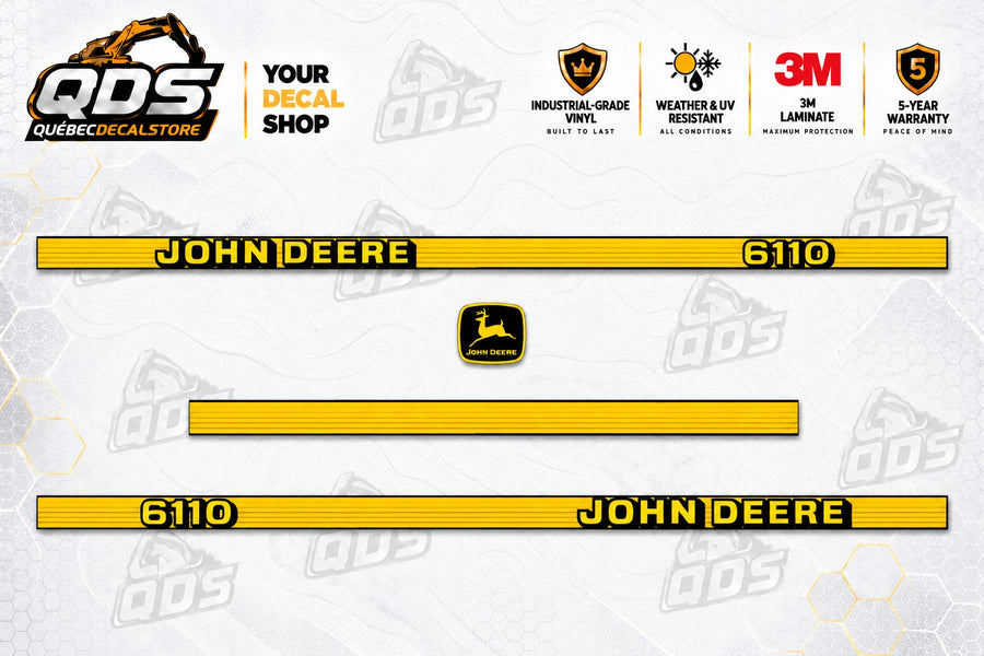 Aftermarket decal kit for John Deere 6110 tractor with two yellow side stripes, a plain yellow stripe and a John Deere emblem on the official QuébecDecalStore background