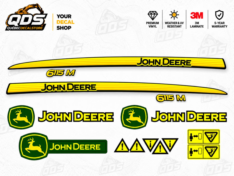 Stickerset voor John Deere 6115M tractor — motorkapstrepen, logo’s en waarschuwingen