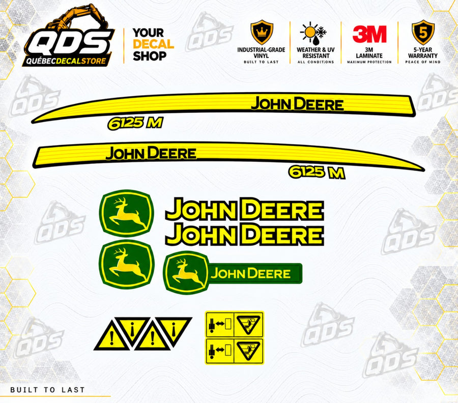 John Deere 6125M tractor replacement decal kit with yellow hood stripes, model decals, John Deere logos and safety decals on the official QuébecDecalStore background