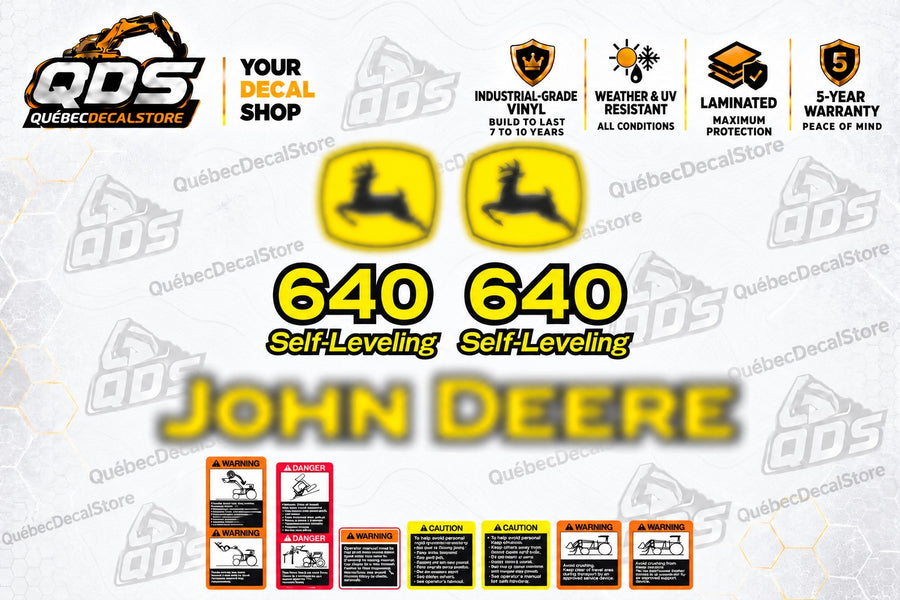 Aftermarket decal kit for John Deere 640 Self-Leveling front loader with yellow model graphics and illustrated safety labels
