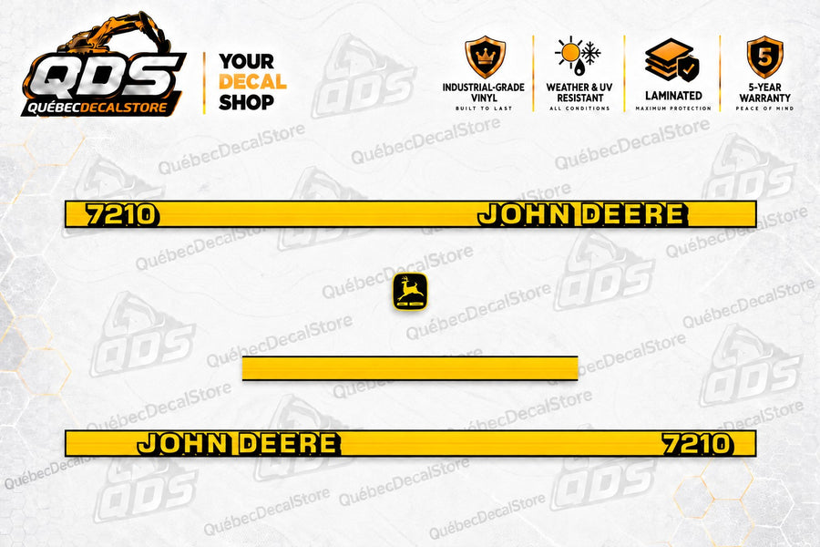 John Deere 7210 four-piece hood stripe decal kit with two yellow side stripes, a plain yellow stripe and a deer emblem