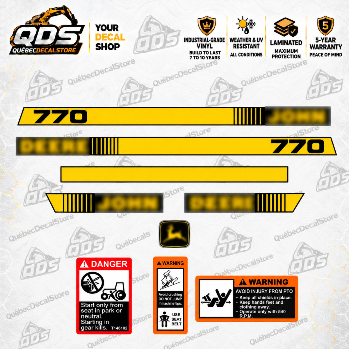 John Deere 770 compact tractor aftermarket decal kit with yellow hood stripes, two 770 model numbers, brand graphics, deer emblem and three safety labels