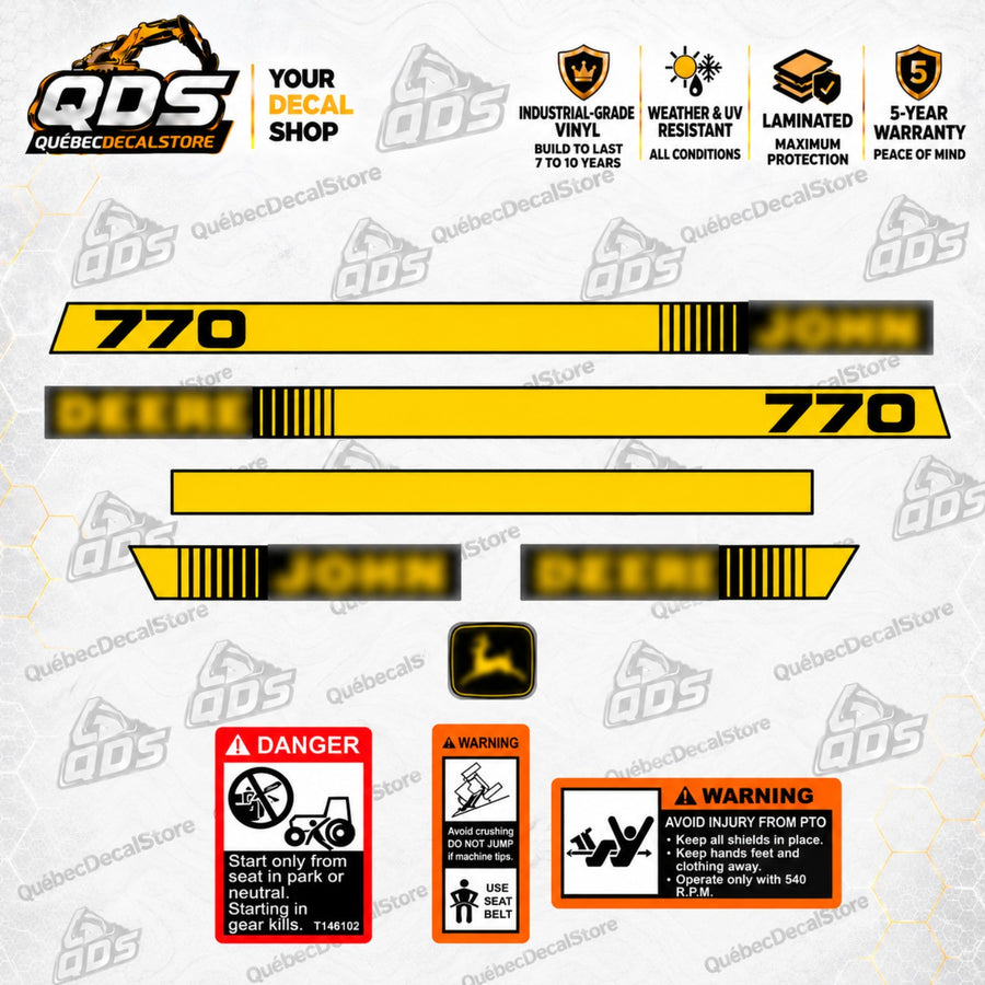John Deere 770 compact tractor aftermarket decal kit with yellow hood stripes, two 770 model numbers, brand graphics, deer emblem and three safety labels