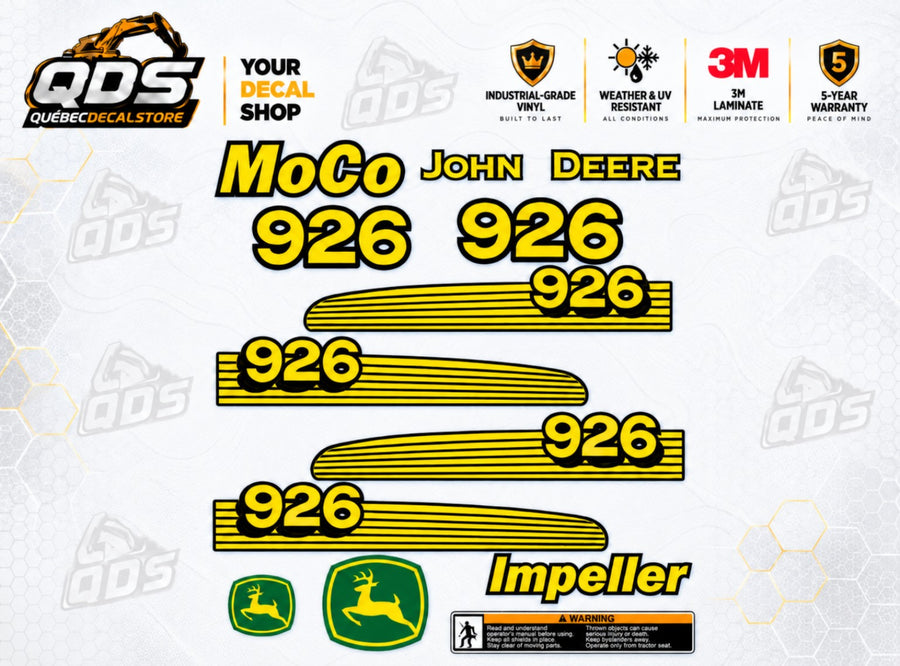 John Deere 926 MoCo Impeller – Aftermarket Decal Kit – aftermarket replacement decals shown in the kit