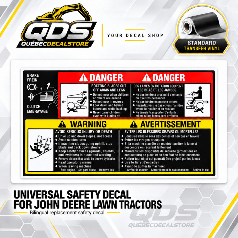 John Deere lawn tractor replacement safety decal with English and French danger and warning labels