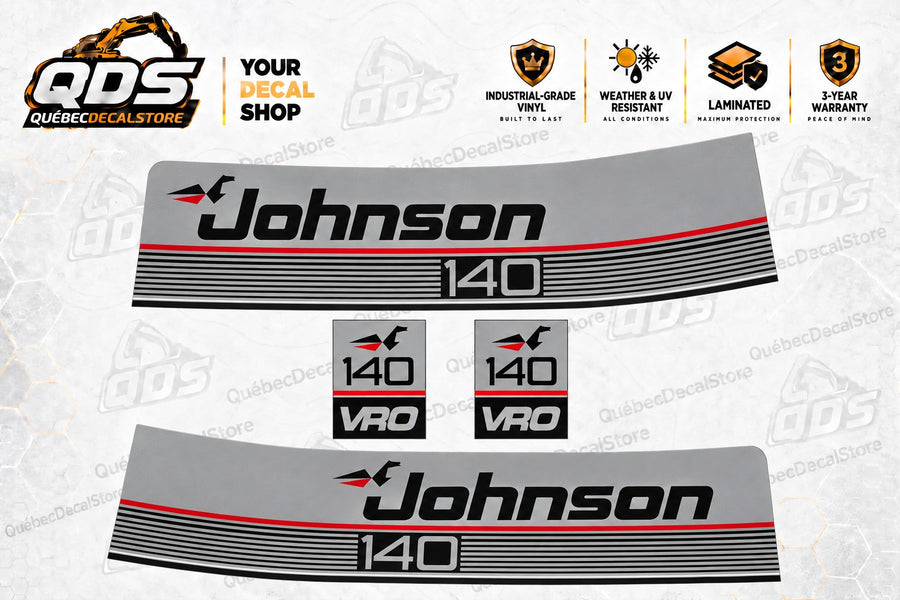 Johnson 140 VRO outboard motor replacement decal kit in silver, black and red by QuébecDecalStore