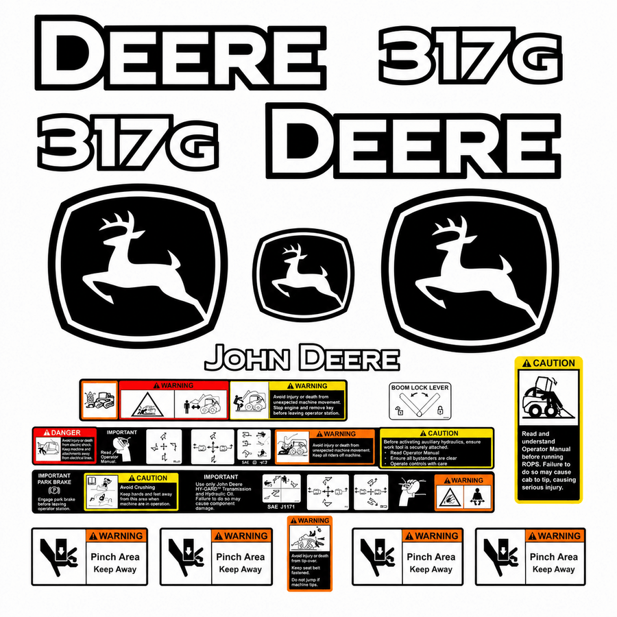 John Deere 317G – aftermarket replacement decals shown in the kit