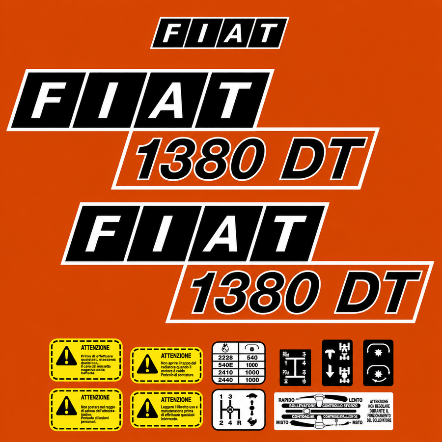Fiat 1380 DT tractor – aftermarket replacement decals shown in the kit