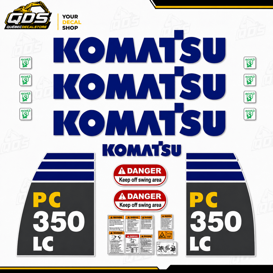 KOMATSU PC350LC-8 EXCAVATOR – aftermarket replacement decals shown in the kit